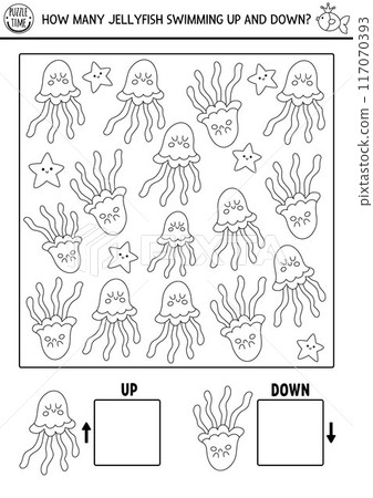 Mermaid logic black and white game with up and down concept for kids with jellyfish. I spy searching, counting activity. Fairytale ocean kingdom printable space orientation worksheet for preschool 117070393