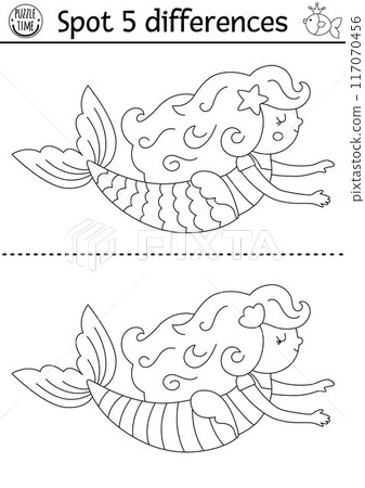 Find differences game for children. Mermaid black and white activity with swimming sea princess. Cute puzzle for kids with girl with tail. Printable line worksheet or coloring page for attention Find differences game for children. Mermaid black and white activity with swimming sea princess. Cute puzzle for kids with girl with tail. Printable line worksheet or coloring page for attention 117070456