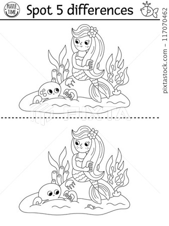 Find differences game for children. Mermaid black and white educational activity with sea princess combing hair. Puzzle for kids with girl, tail. Printable line worksheet or coloring page 117070462