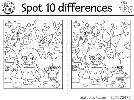 Find differences game for children. Mermaid black and white educational activity with sea princess, underwater landscape, crab. Puzzle for kids. Printable line worksheet or coloring page 117070472