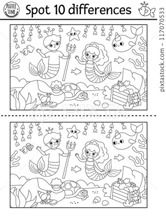 Find differences game. Mermaid black and white educational activity with sea princess, merman, treasure chest. Puzzle for kids. Printable line worksheet or coloring page for attention skills Find differences game. Mermaid black and white educational activity with sea princess, merman, treasure chest. Puzzle for kids. Printable line worksheet or coloring page for attention skills 117070533