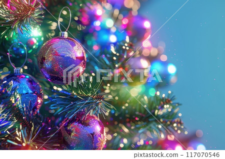 A tree with many ornaments on it, including a gold ball with Generative AI 117070546