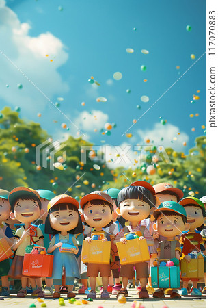 Volunteers in 3D cartoon animation distributing school supplies to children, supportive and cheerful scene 117070883