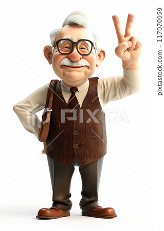 3D animated elderly man making a peace sign, cheerful and positive, white background 117070959