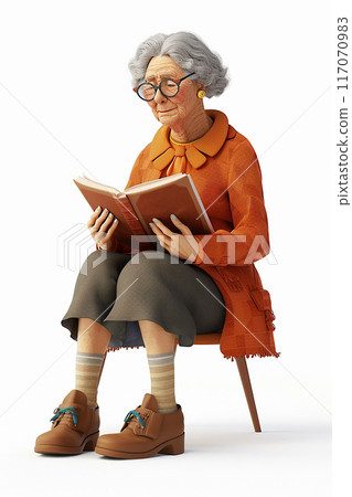 3D animated elderly woman sitting with crossed legs, reading a book, white background 117070983
