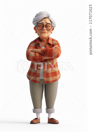 3D animated elderly woman crossing arms over chest, proud and happy, white background 117071025