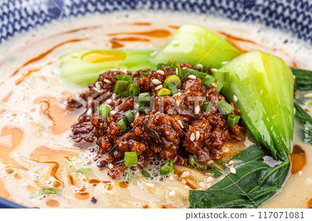 Portion of japanese tantanmen ramen with bok choy 117071081
