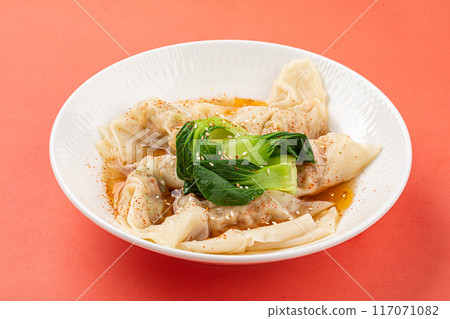 Portion of asian wonton dumplings with bok choi 117071082