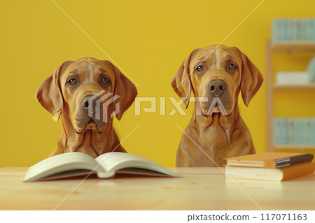 A dog is sitting on a table with an open book with Generative AI A dog is sitting on a table with an open book with Generative AI 117071163
