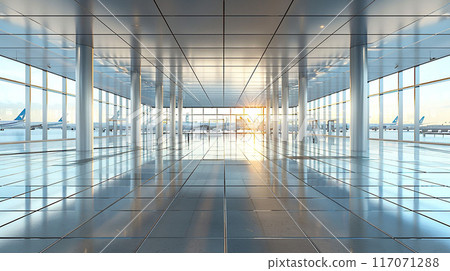 3D rendering of a spacious business hall, light reflections on the tiled floor, modern architecture, airport in the distance 117071288