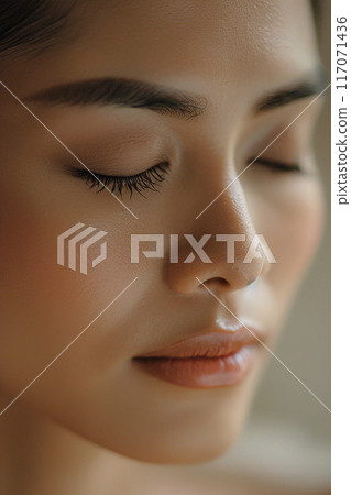 Closeup of young woman's face serene expression Thai massage natural light elegant spa 117071436