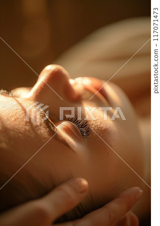 Closeup of relaxed woman's face Thai massage sunlight streaming elegant spa Closeup of relaxed woman's face Thai massage sunlight streaming elegant spa 117071473