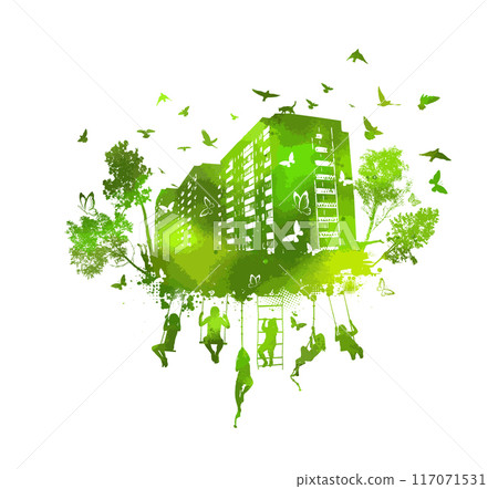 Green leaf with eco friendly city buildings and people. Green city silhouette with people. Ecology urban. Vector illustration Green leaf with eco friendly city buildings and people. Green city silhouette with people. Ecology urban. Vector illustration 117071531