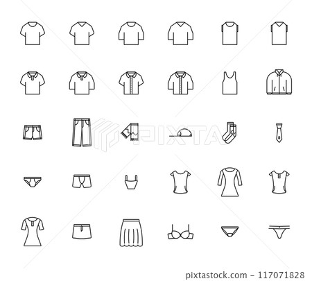 Woman and man clothing outline icon set, Vector illustration Woman and man clothing outline icon set, Vector illustration 117071828