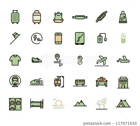 Travel preparation and tourism outline filled icon set, Vector illustration 117071830