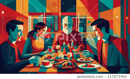 A creative depiction of a family gathered around a dinner table, sharing a festive meal in a geometric, abstract style 117071942