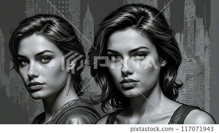 Black and white portrait of two women with intense expressions, set against an urban background 117071943