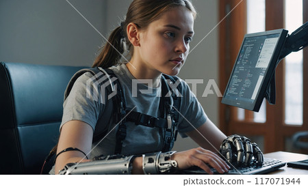 A young woman using a high-tech prosthetic arm works intently on a computer, showcasing advanced technology integration 117071944