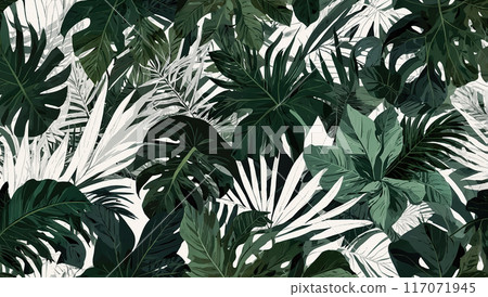 Elegant black and white tropical plants and leaves on a light background, highlighting intricate botanical patterns. 117071945