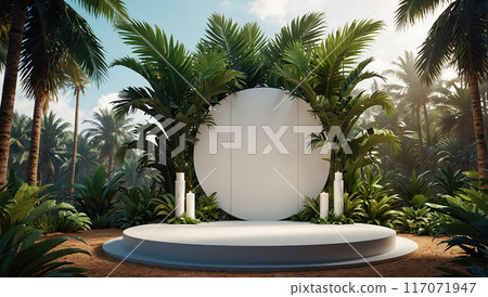 White round podium with tropical plants and palm trees. 117071947