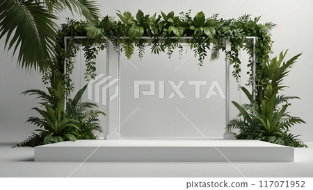 White podium with lush tropical vines and plants. 117071952