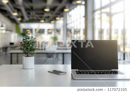 Laptop on desk in open-plan office, digital literacy workspace, 3D render 117072105