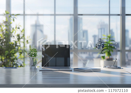 Modern office interior with laptop on desk, digital tools, 3D render 117072110