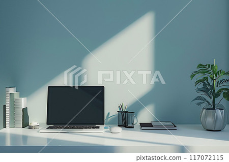 Office desk with laptop and accessories, clean workspace, 3D render 117072115