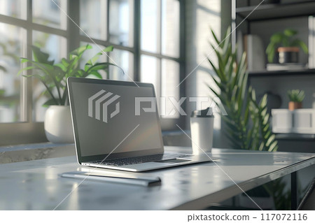 Digital literacy setup with laptop on desk in minimalist office, 3D render 117072116