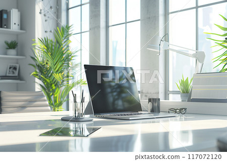 Contemporary office interior with laptop and tech gadgets on desk, 3D render 117072120