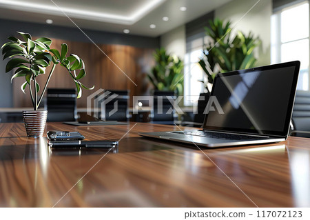 Contemporary office interior with laptop and tech gadgets on desk, 3D render 117072123