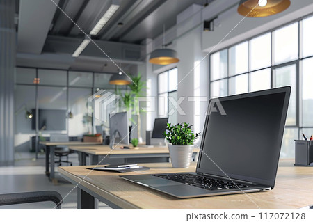 Laptop on desk in modern corporate office, digital workspace, 3D render 117072128