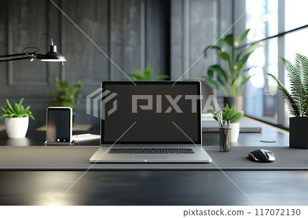 Sleek office setup with laptop and digital devices on desk, 3D render Sleek office setup with laptop and digital devices on desk, 3D render 117072130