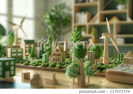 Wooden blocks of green city and windmill on meeting table, environmental documents, 3D Animation render 117072374
