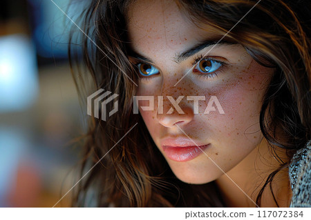 Young woman studying online, computer screen, focused expression, High resolution 117072384
