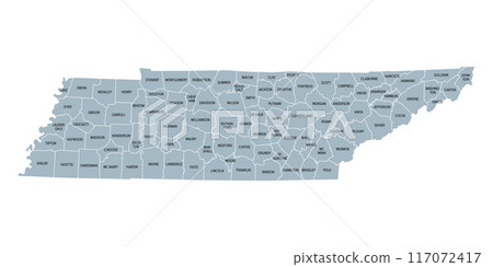 Tennessee, subdivided into 95 counties, gray political map with borders and county names. Landlocked state in the Southeastern region of the United States, nicknamed The Volunteer State. Illustration 117072417
