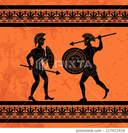 Greek mural. Ancient warriors. Athens mythology. Rome gladiators. Sparta soldiers battle background. Trojan historic art. Black silhouette. Men with shields and spears. Vector antique painting pattern Greek mural. Ancient warriors. Athens mythology. Rome gladiators. Sparta soldiers battle background. Trojan historic art. Black silhouette. Men with shields and spears. Vector antique painting pattern 117072438