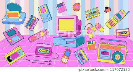 Y2k phone retro. 2000s cartoon stickers. Old style computer. Cellphone and PC monitor. Technology doodle. Japanese videogame. Gamer joysticks. Retro gamepad. Musical boombox. Vector vintage devices Y2k phone retro. 2000s cartoon stickers. Old style computer. Cellphone and PC monitor. Technology doodle. Japanese videogame. Gamer joysticks. Retro gamepad. Musical boombox. Vector vintage devices 117072523