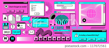 Retro window. Pixel 90s interface. Y2k style. PC browser. Computer desktop. Vaporwave icon. UI frame. Website digital sticker. Screen warning message. Web design. Smile symbol. Vector OS elements set 117072561