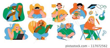 Study icon. Student men and women with book, online education, people in school. Course business, test university, college exam. Web class, outline training, technology. Vector character cartoon set 117072562