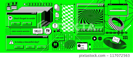Y2k retro window. Computer interface sticker. Browser message. Error frame. Graphic old game. Interface web design. 90s folder. Vintage PC screen. 2000s rave elements set. Vector aesthetic background Y2k retro window. Computer interface sticker. Browser message. Error frame. Graphic old game. Interface web design. 90s folder. Vintage PC screen. 2000s rave elements set. Vector aesthetic background 117072563