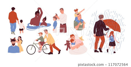 Fathers Day. Family leisure. Children together with dad. Young parent playing with sons and daughters. Happy kids. Super fatherhood. People fun. Games and walks. Vector daddy parenting concepts set 117072564