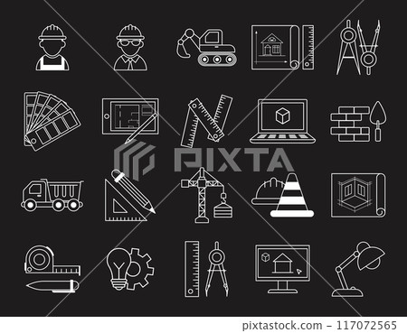 Architectural construction icon. Building project office. Real estate design. Architecture draft. Interior architect. House plan. Line blueprint. Home layout. Vector apartment engineering logo set Architectural construction icon. Building project office. Real estate design. Architecture draft. Interior architect. House plan. Line blueprint. Home layout. Vector apartment engineering logo set 117072565