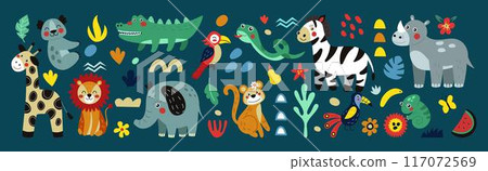 Children animals. Elephant, giraffe, toucan bird. Jungle abstract pattern. Cute zoo, baby cartoon isolated lion and crocodile, nature wild. Funny wildlife Africa. Vector kids tidy kids illustration Children animals. Elephant, giraffe, toucan bird. Jungle abstract pattern. Cute zoo, baby cartoon isolated lion and crocodile, nature wild. Funny wildlife Africa. Vector kids tidy kids illustration 117072569
