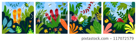 Plant garden background. Greenhouse, houseplant farm flower, agriculture. Nature decorative square cards, green leaves concept, vegetation exotic poster. Vector organic tidy cartoon cute illustration 117072579