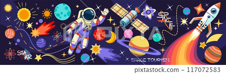 Space astronaut. Galaxy planets, art science technology. Rocket psychedelic background, flying cosmonaut cartoon design. Mans future, earth universe. Horizontal banner. Vector fiction illustration Space astronaut. Galaxy planets, art science technology. Rocket psychedelic background, flying cosmonaut cartoon design. Mans future, earth universe. Horizontal banner. Vector fiction illustration 117072583