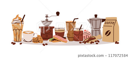 Cup coffee, food cafe composition. Bean morning drink, bag donut, cookie, breakfast ice latte mug. Icon beverage. Cappuccino glass, americano and espresso. Menu doodle. Vector cartoon illustration Cup coffee, food cafe composition. Bean morning drink, bag donut, cookie, breakfast ice latte mug. Icon beverage. Cappuccino glass, americano and espresso. Menu doodle. Vector cartoon illustration 117072584