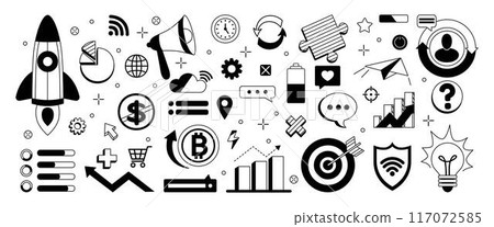 Startup icons. Business management. Money growth arrow. Phone and clock signs. Finance investment data chart. Work puzzle. Communication idea. Planning goal target. Vector tidy line black symbols set 117072585