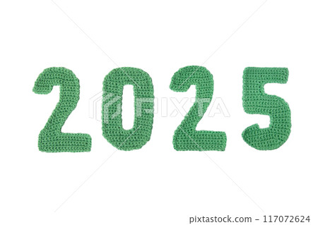 Knitted green numbers 2025 isolated on white background. Merry Christmas and New Year 2025 design element 117072624