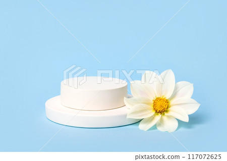 Concept scene stage showcase for new product, banner, promotion sale, cosmetic, presentation. White round podium and white dahlia flower on blue background. Concept scene stage showcase for new product, banner, promotion sale, cosmetic, presentation. White round podium and white dahlia flower on blue background. 117072625